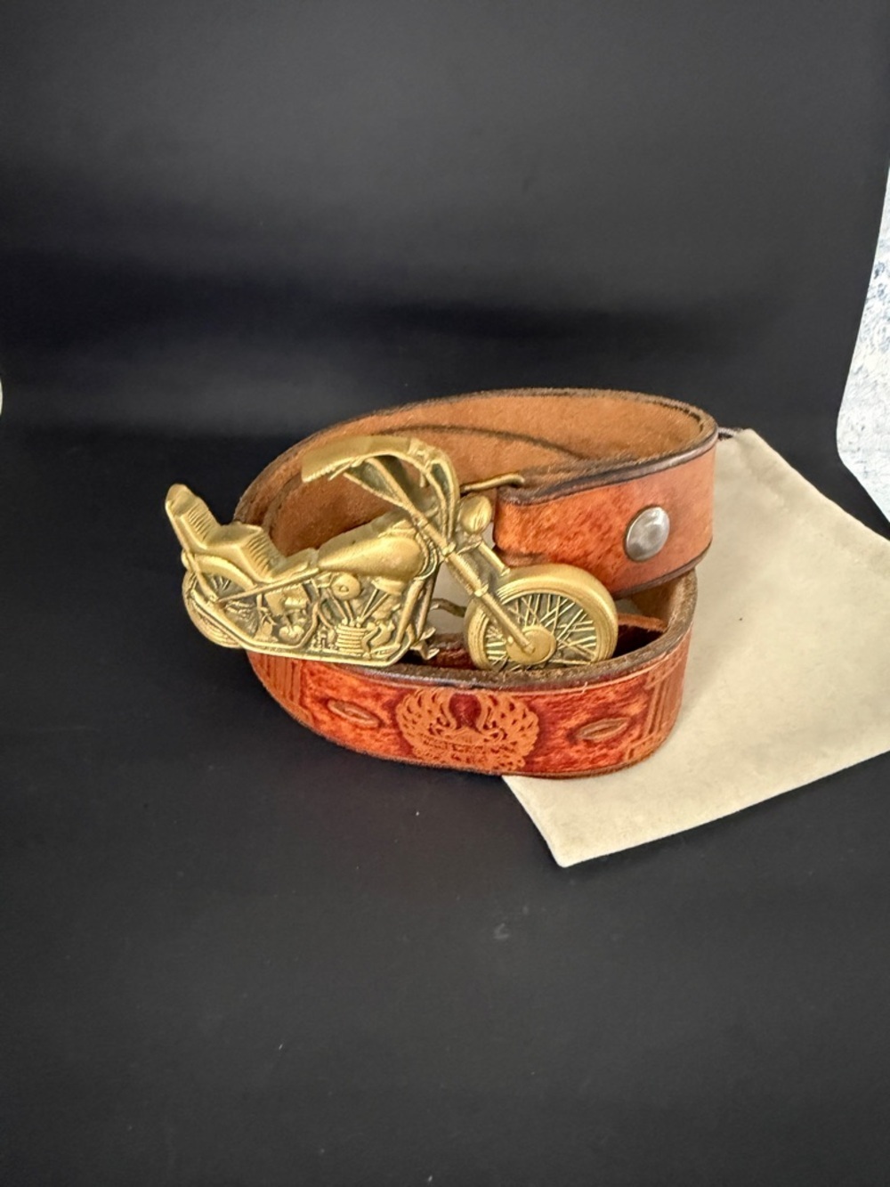 Harley Davidson Solid Brass Brown Leather Belt with Gold Motorcycle Buckle - Picture 3 of 10